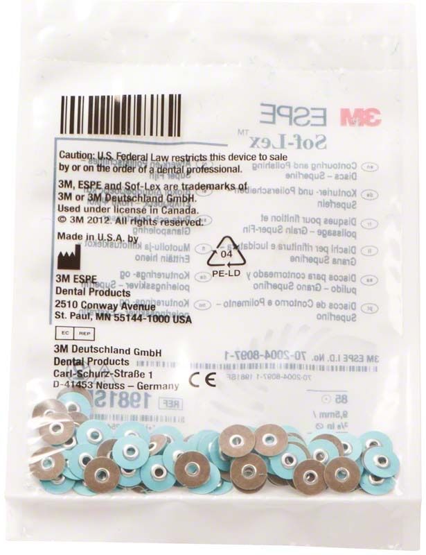 Sof-Lex™ Polierscheiben in Verpackung mit Produktinformationen und 3M-Logo.