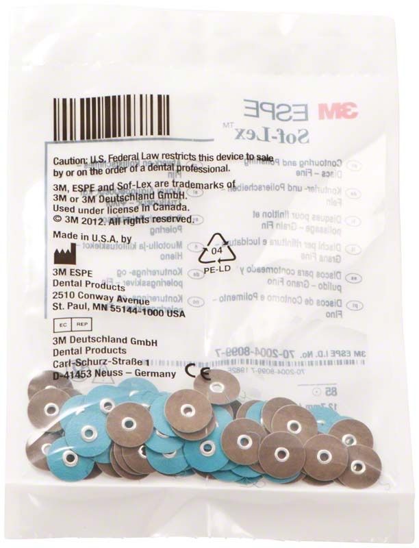 Sof-Lex™ Polierscheiben in Verpackung mit farbcodierten Körnungen.