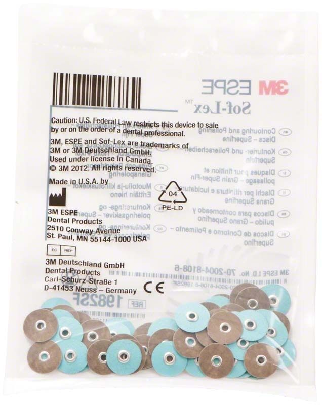 Sof-Lex™ Polierscheiben Ø 12,7mm mit Aluminiumoxidbeschichtung in Verpackung.