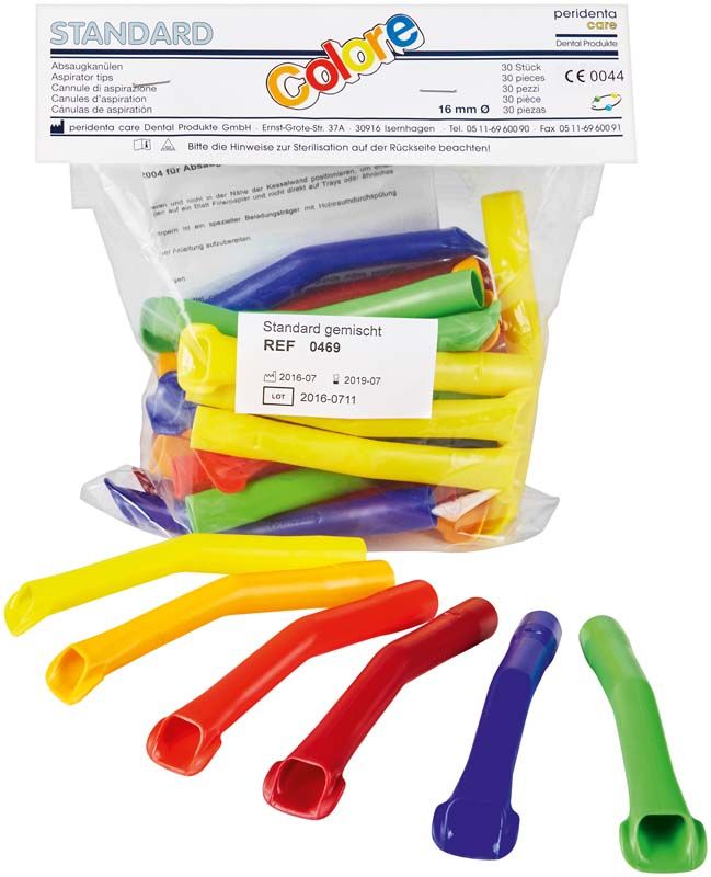Absaugkanülen standard colore sortiert, 30 Stück in bunter Verpackung.
