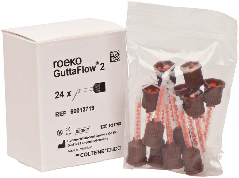 ROEKO GuttaFlow® 2 Automix Mischspitzen mit Verpackung und Mischkanülen.