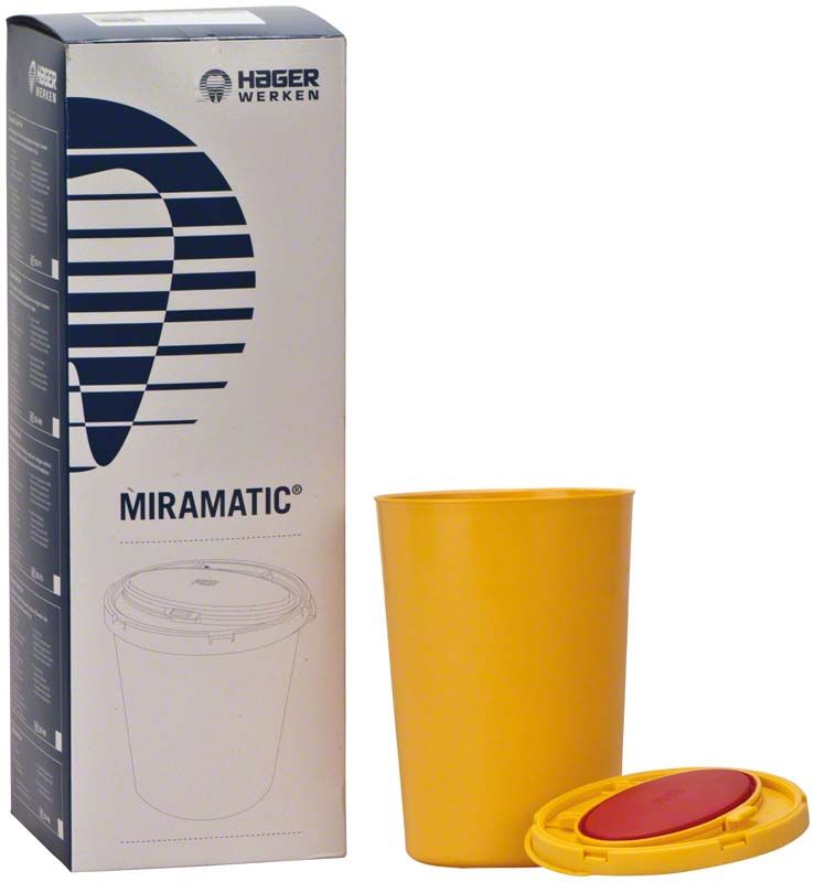 Miramatic®-Box zur sicheren Entsorgung mit gelbem Behälter und rotem Deckel.