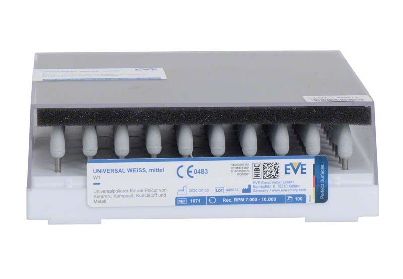 Silikonpolierer EVE UNIVERSAL weiß, montiert, in geöffneter Verpackung, geeignet für Dentalbedarf.