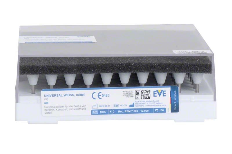Universalsilikonpolierer in transparenter Box mit Schaumstoffeinlage, geeignet für Dentalanwendungen.