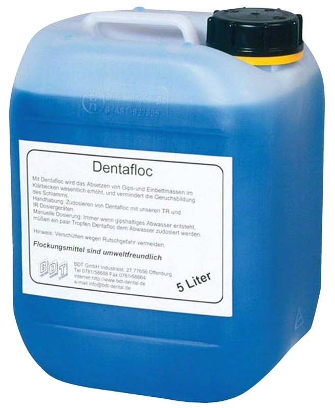 Dentafloc 5 Liter Kanister mit Etikett und schwarzem Verschluss.