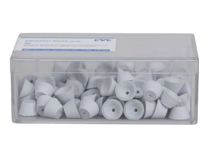 Unmontierte weiße Silikonpolierer in transparenter Plastikbox für dentale Anwendungen.