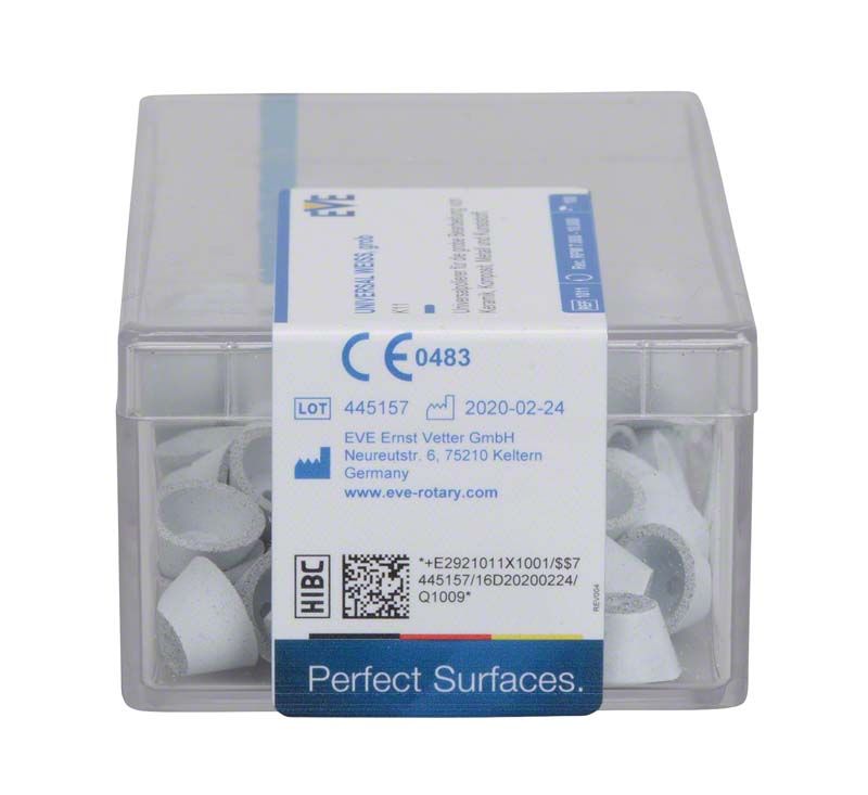 Plastikbox mit unmontierten weißen Silikonpolierern für dentale Anwendungen.