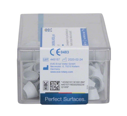Plastikbox mit unmontierten weißen Silikonpolierern für dentale Anwendungen.
