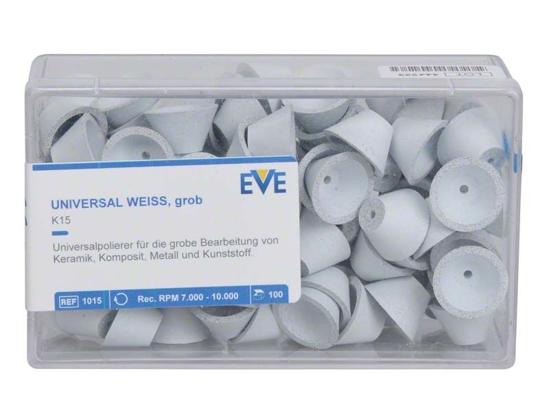 Universalpolierer EVE UNIVERSAL weiß unmontiert in Kunststoffbox, grobe Körnung.