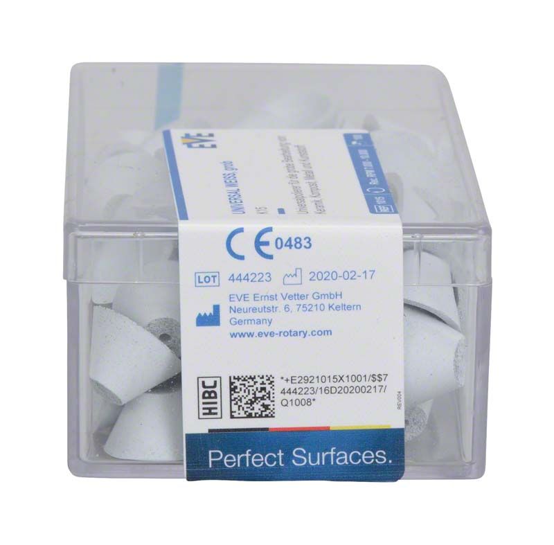Kunststoffbox mit EVE UNIVERSAL weiß unmontierten Silikonpolierern für Dentaltechnik.