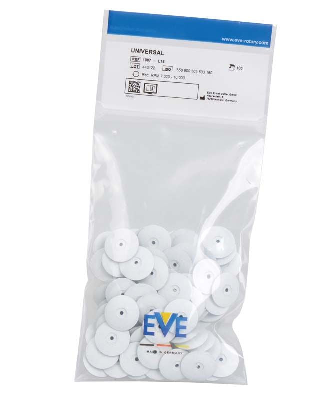 Transparente Verpackung mit weißen, unmontierten Silikonpolierern für Dentaltechnik.