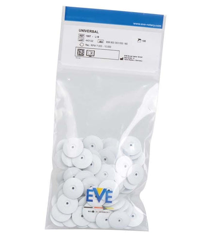 Transparente Verpackung mit weißen, unmontierten Silikonpolierern für Dentaltechnik.