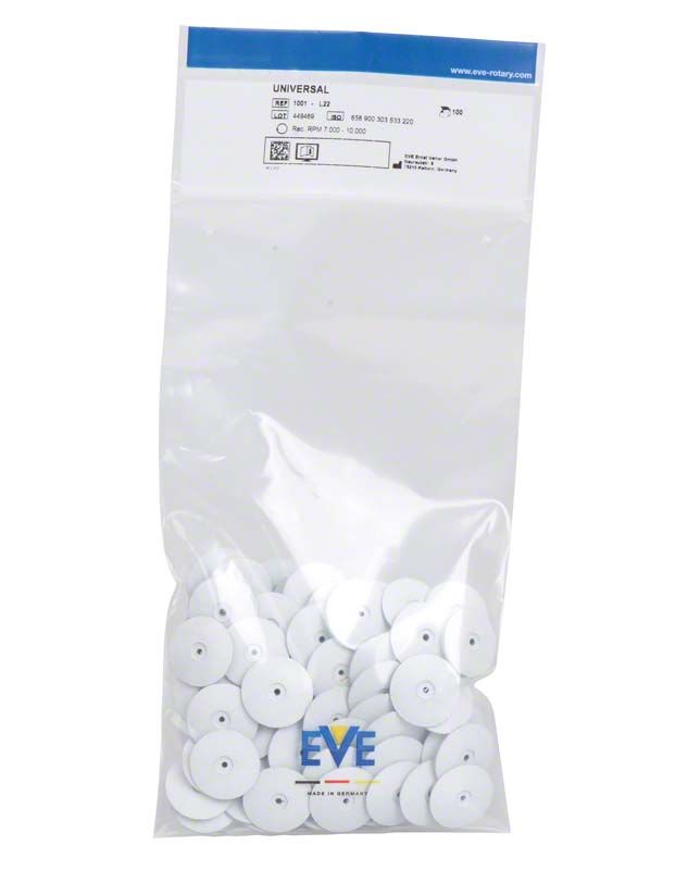 Unmontierte weiße Silikonpolierer in transparenter Verpackung mit EVE-Logo.