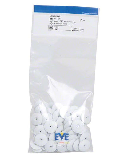 Unmontierte weiße Silikonpolierer in transparenter Verpackung mit EVE-Logo.
