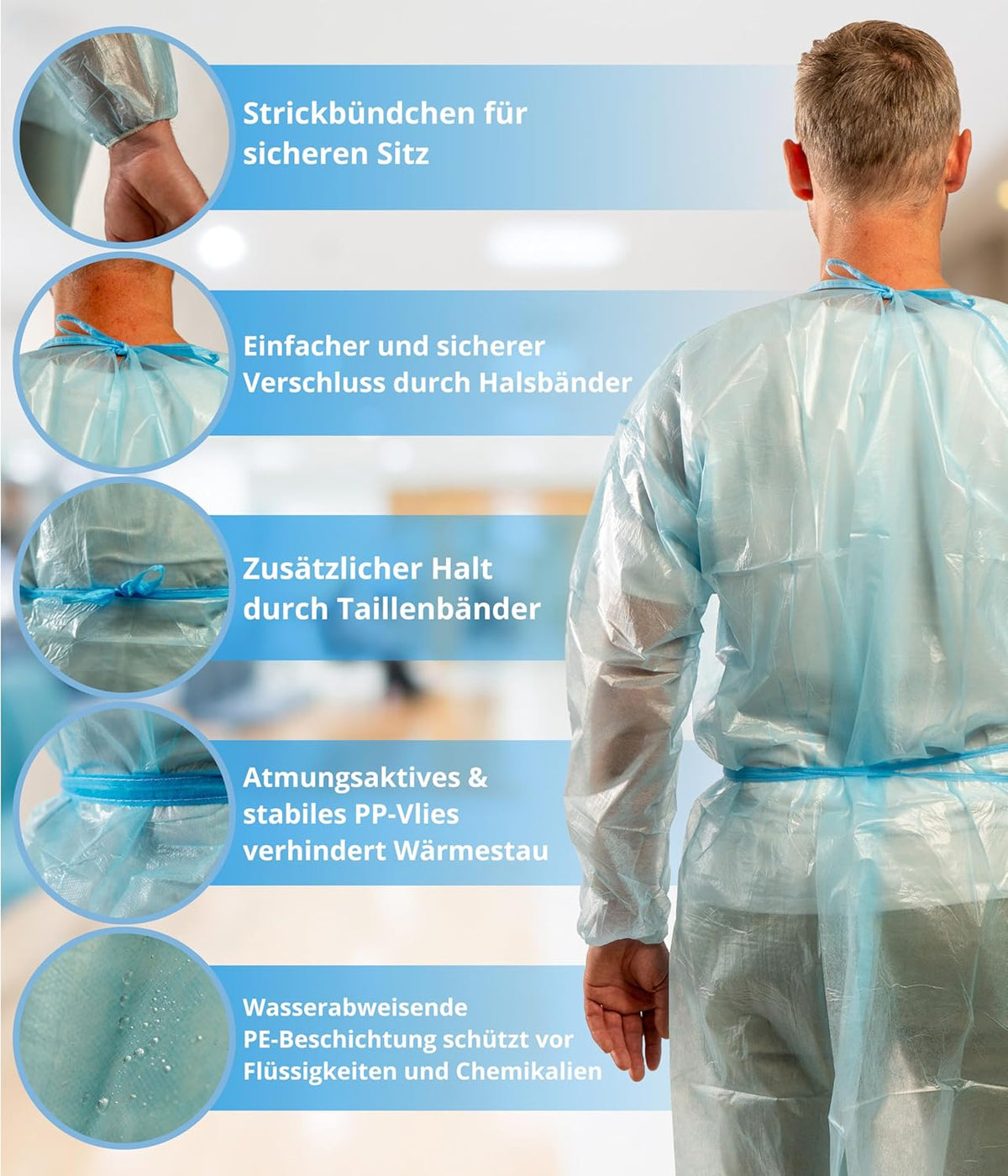 Blauer Schutzkittel mit elastischen Bündchen und PE-Beschichtung, rückseitige Ansicht.