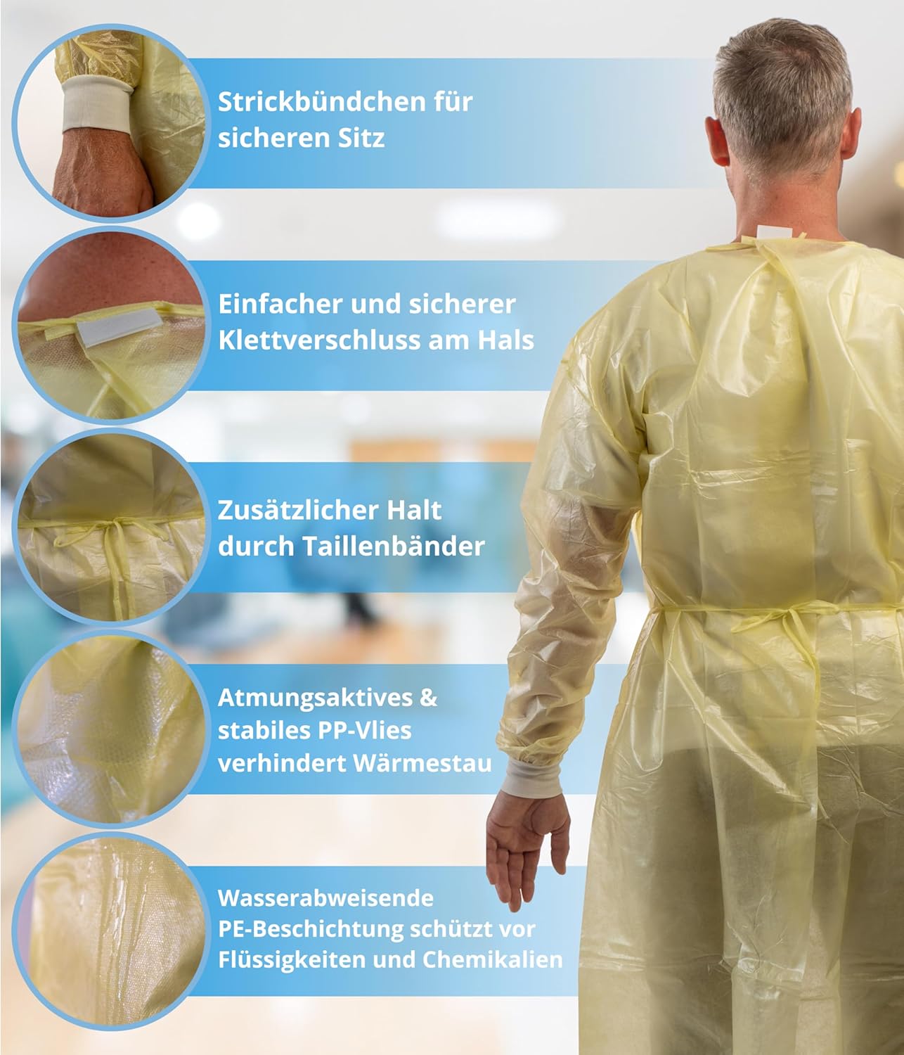 Schutzkittel in Gelb mit Strickbündchen und Klettverschluss, Rückansicht.