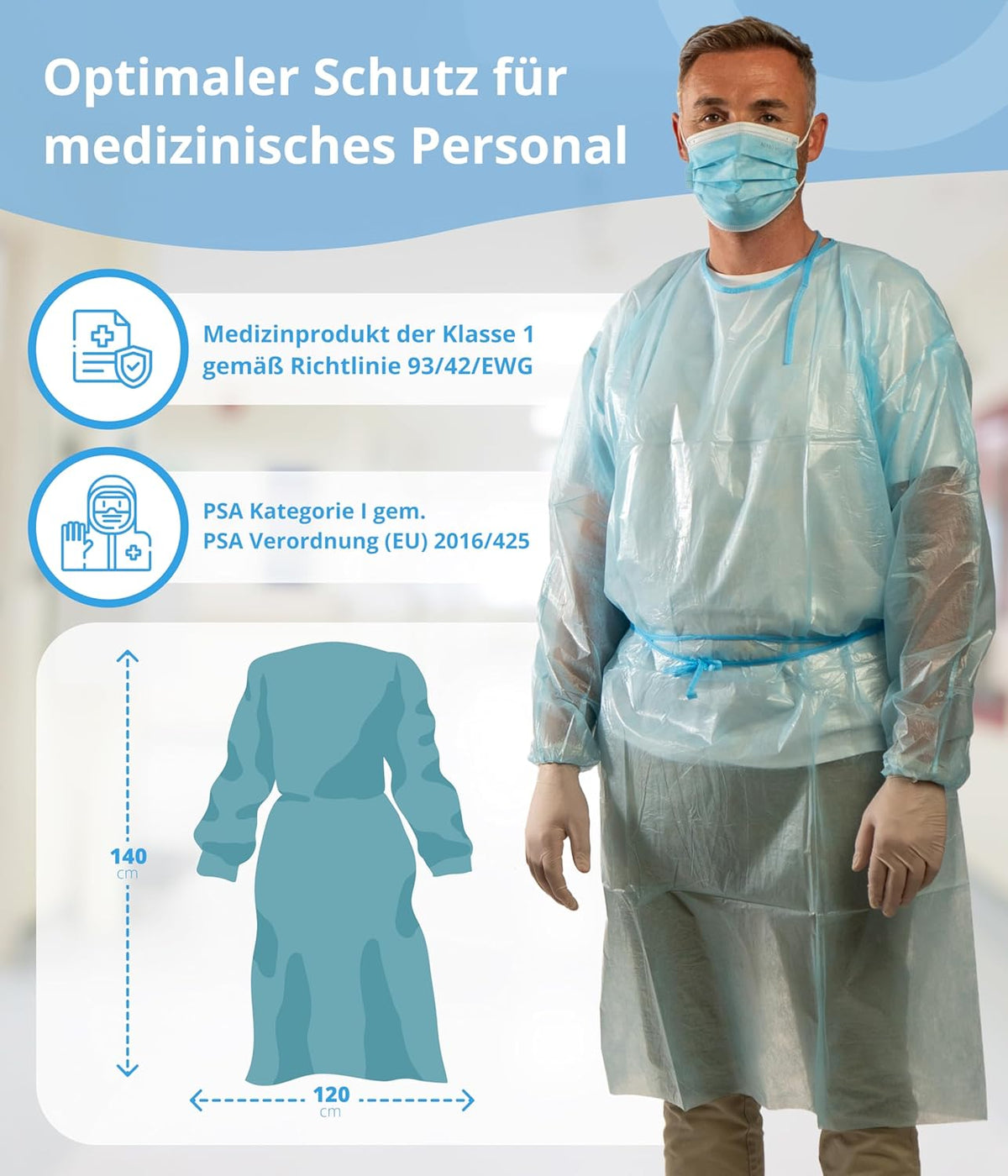 Blauer Schutzkittel 120 x 140 cm mit elastischen Bündchen, getragen von einer Person.