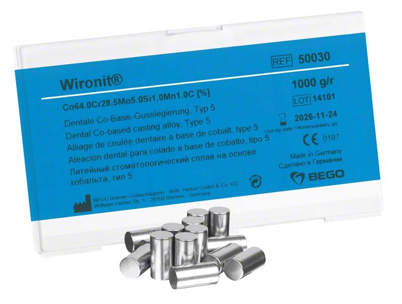 Wironit® 1000g CoCr-Legierungspackung mit silbernen Metallstäben.