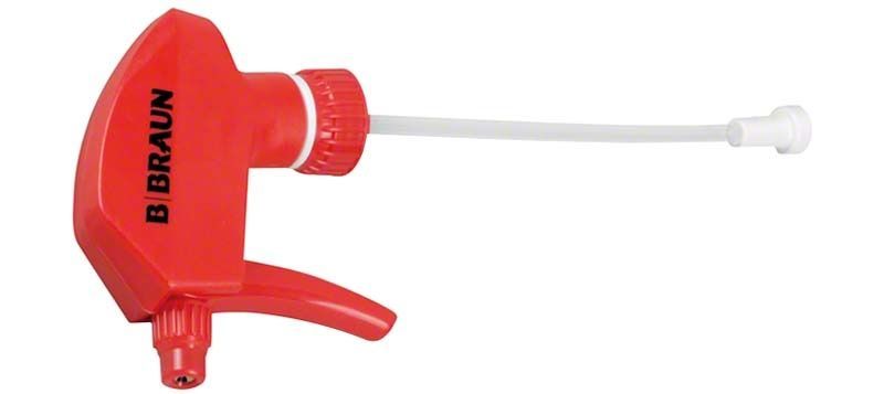 Roter Sprühkopf für 1-Liter-Flasche mit B. Braun Aufdruck.