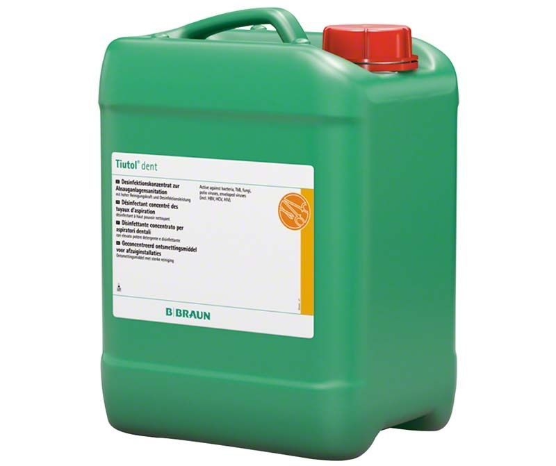 Tiutol dent Desinfektionsmittel in grünem Kanister mit rotem Verschluss.