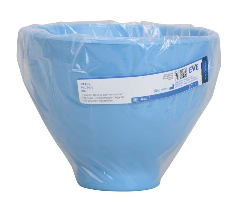 Blauer EVE Plus Anrührbecher 600ml in Plastikverpackung mit Etikett.