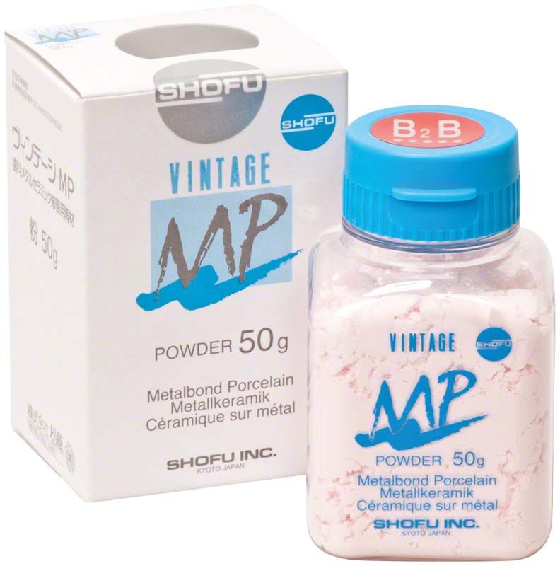 Pulverförmige Metallkeramik VINTAGE MP Dentin 50g B2B in Kunststoffflasche und Verpackung.