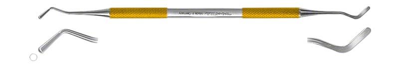 Zahnärztliches Komposit-Instrument mit gelbem Griff, Spatel und Birnenformenden Enden.