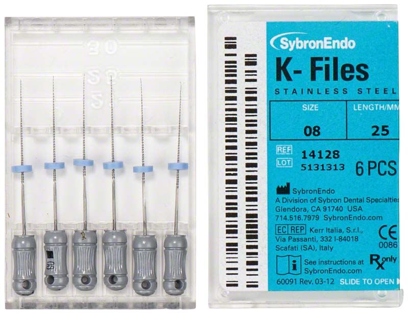 SybronEndo K-Feilen 25mm ISO 008 in Kunststoffverpackung mit blauer Etikettierung.