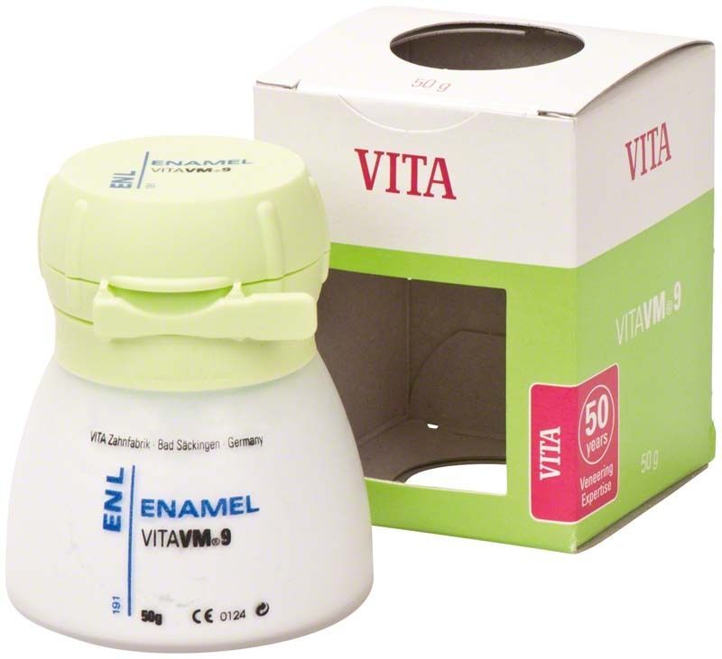 Keramikpulver VITA VM9 ENL 50g mit Verpackung im Hintergrund.