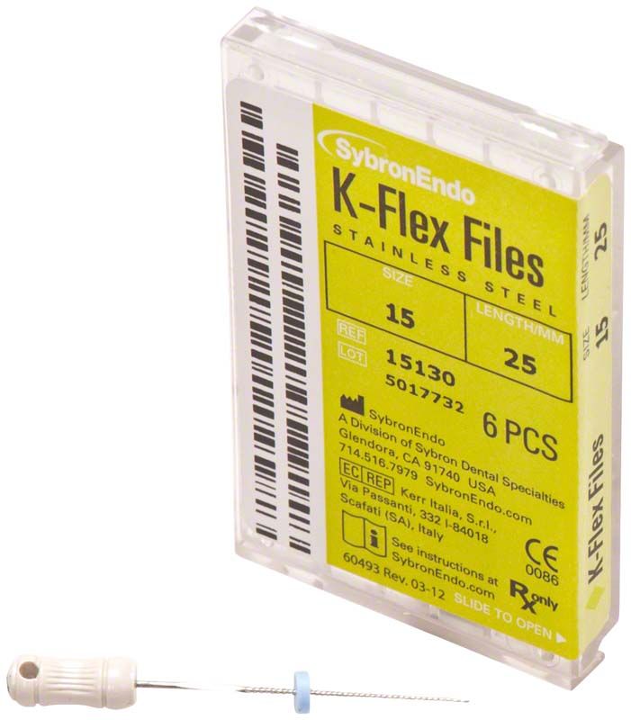 Medizinische K-Flex Feilen 25mm ISO 015 in Verpackung mit Einzelansicht.