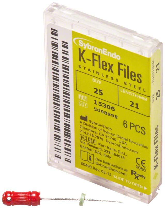 K-Flex Feilen 21mm ISO 025 in Kunststoffverpackung mit rotem Griff.