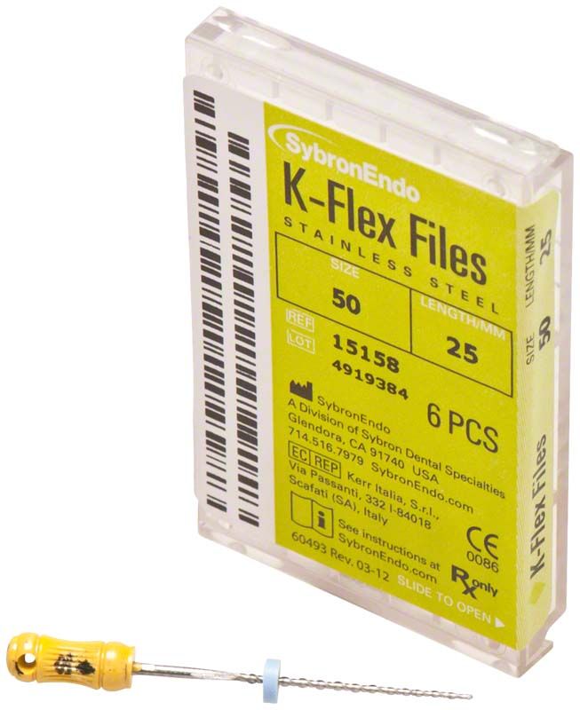 K-Flex Feilen 25mm ISO 050 gelb in Kunststoffverpackung mit gelbem Griff.