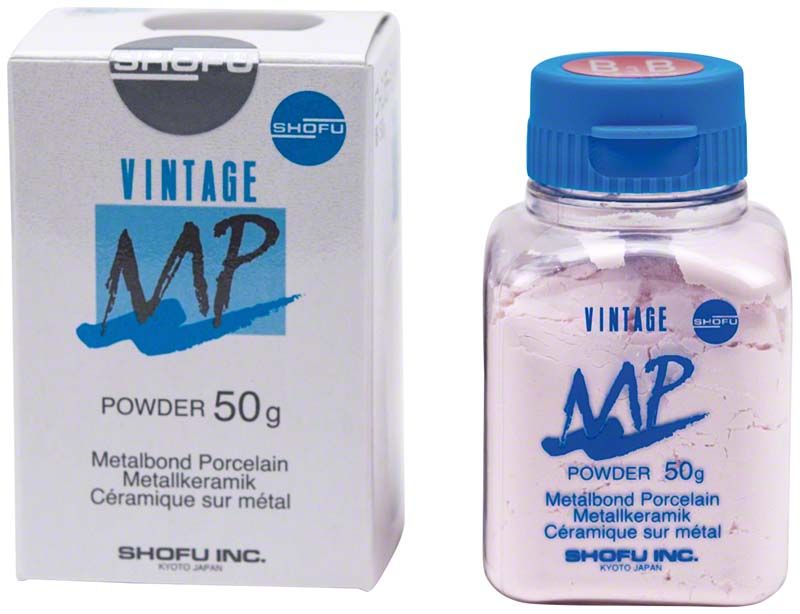 Vintage MP Dentin 50g B3B Metallkeramikpulver in weißer Verpackung.