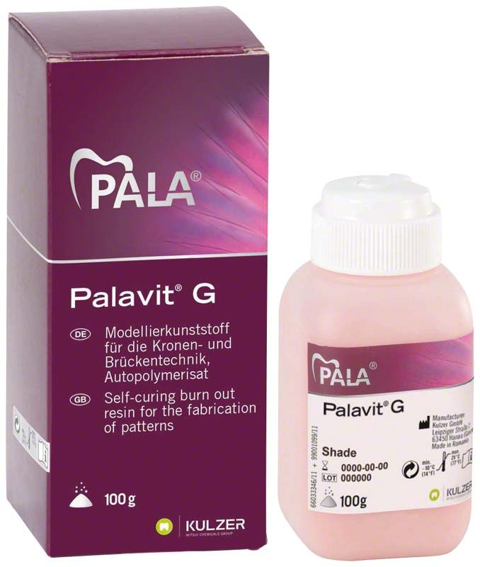 Palavit® G Modellierkunststoffflasche und Verpackung für Dentaltechnik.