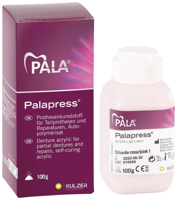 Palapress® Pulver 100g rosa Verpackung und Flasche von Kulzer.