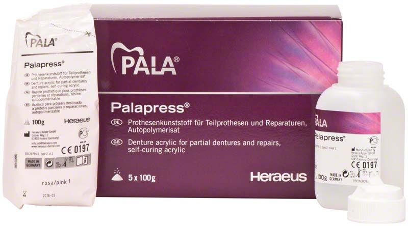 Palapress® Pulver 500g rosa Verpackung mit Beipackzettel und Flasche.