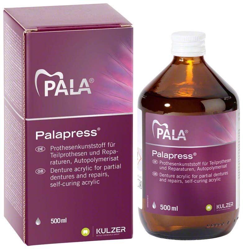 Palapress® Flüssigkeit 500ml, Prothesenkunststoffflasche neben Verpackung.