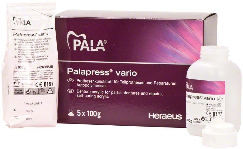 Palapress® vario Pulver 500g rosa Verpackung mit Flasche und Beutel im Vordergrund