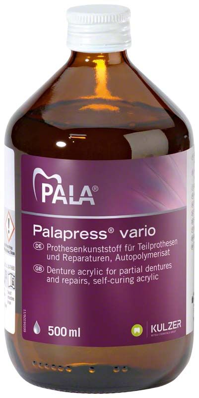 Braune Flasche Palapress® vario Flüssigkeit 500ml für dentalen Prothesenkunststoff.