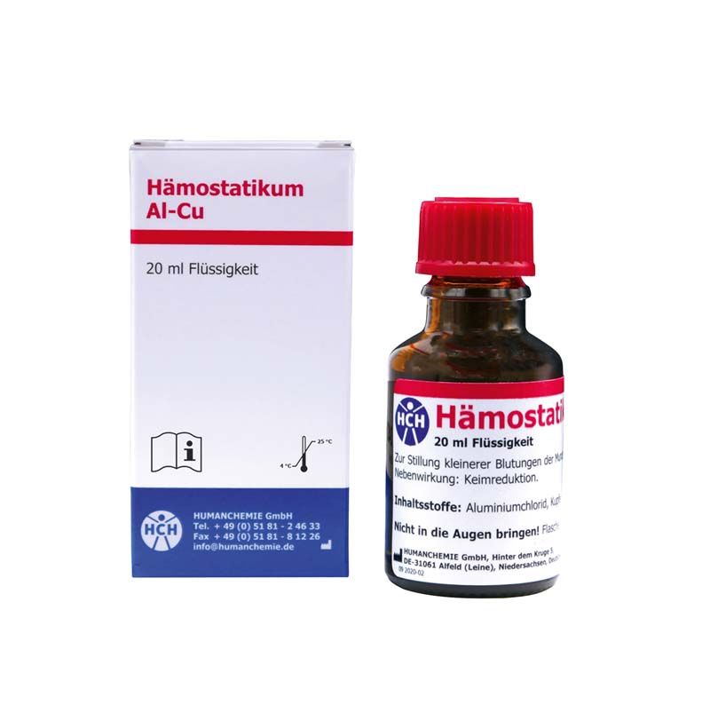 Hämostatikum Al-Cu Flasche mit Verpackung zur Blutstillung im dentalen Bereich.