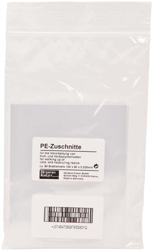 PE-Zuschnitte von Kulzer in transparenter Verpackung mit Etikett.