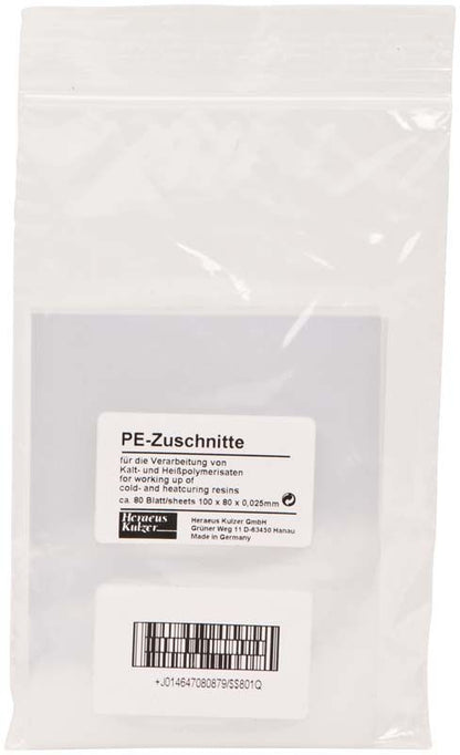 PE-Zuschnitte von Kulzer in transparenter Verpackung mit Etikett.