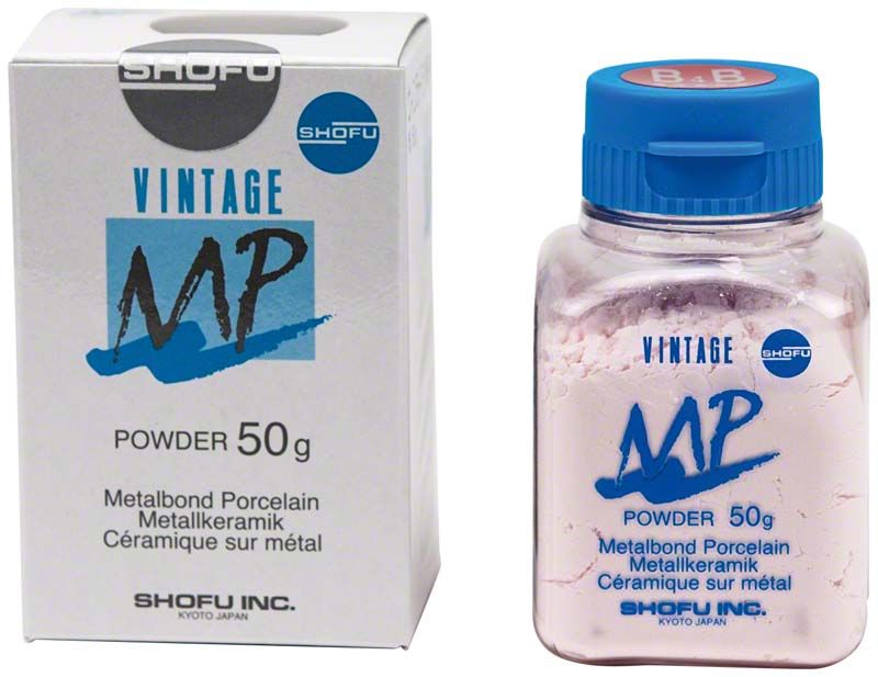 VINTAGE MP Dentin 50g Pulver in transparenter Kunststoffflasche mit blauer Kappe.