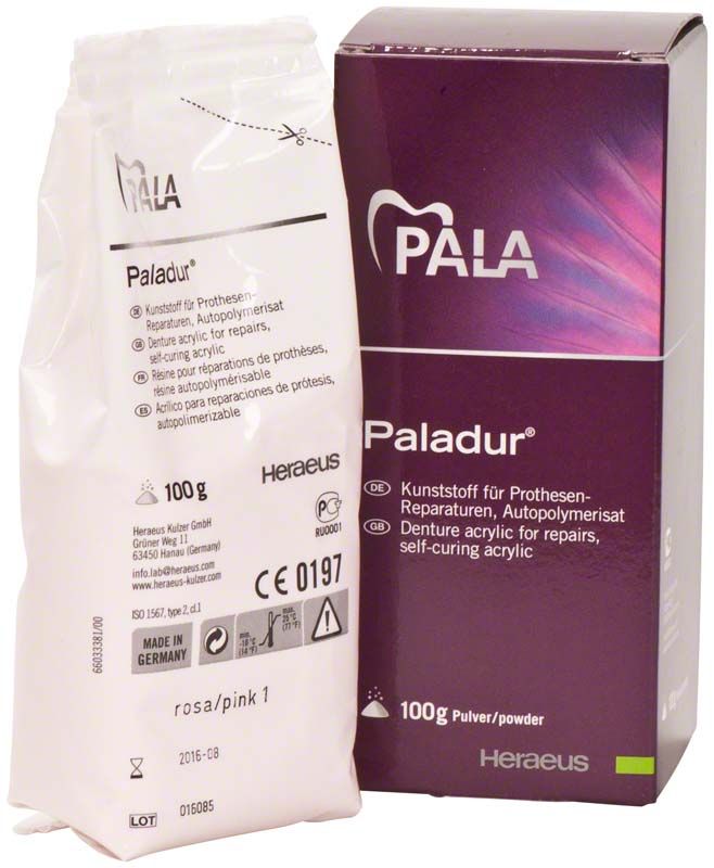 Paladur® Pulver 100g rosa Verpackung mit Produktinformationen.
