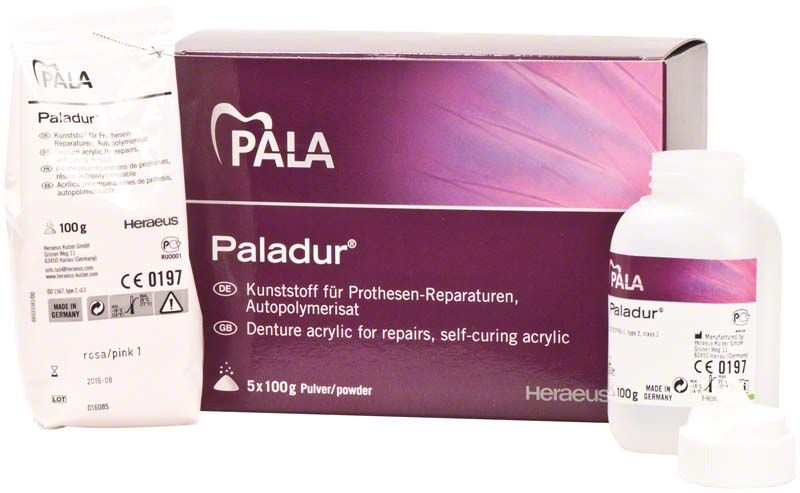 Paladur® Pulver 500g - rosa Verpackung mit Flasche und Beutel.
