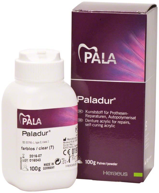 Paladur® Pulver 100g Flasche und Verpackung für Prothesenreparaturen.