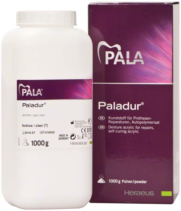 Paladur® Pulver 500g Flasche neben Verpackung für Prothesenreparaturen.