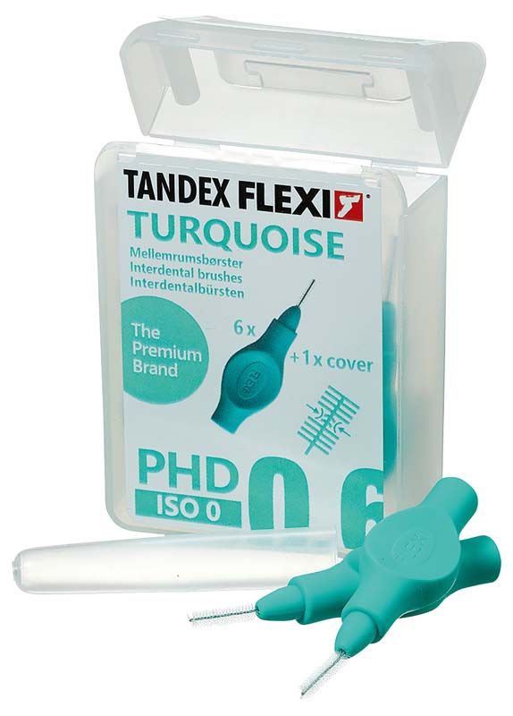 Interdentalbürsten Flexi türkis mit Schutzkappe und Verpackung.