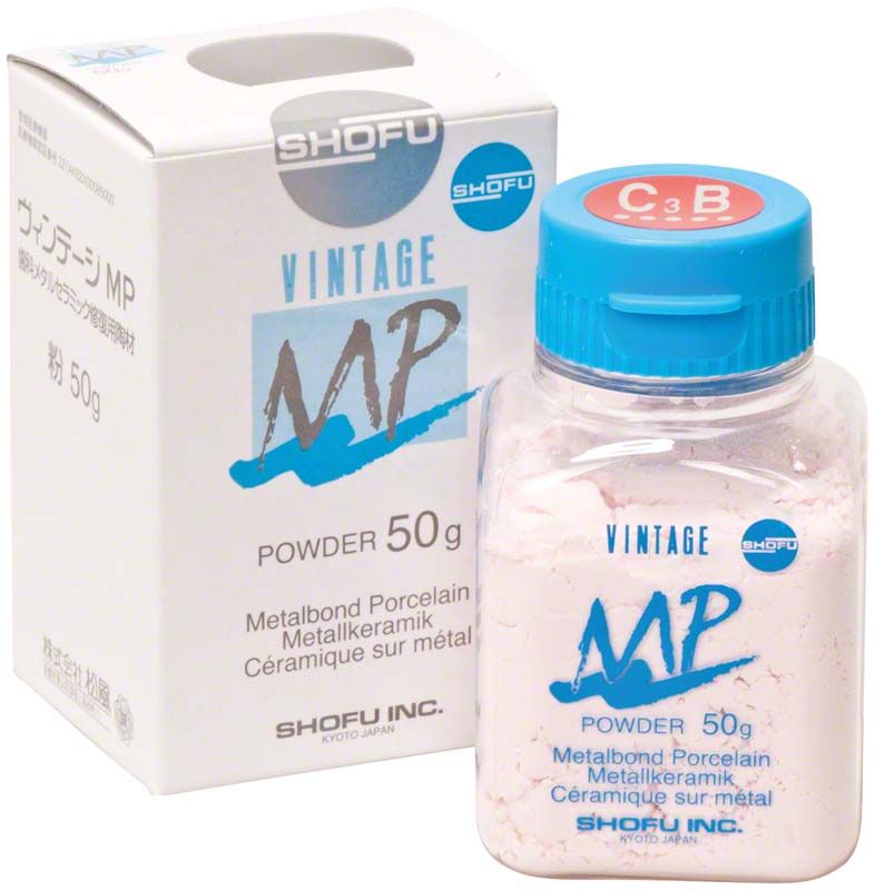 Flasche mit VINTAGE MP Dentin C3B Pulver, 50g, von Shofu.