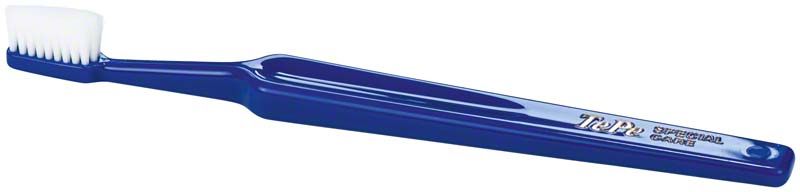 TePe Special Care Zahnbürste mit blauem ergonomischem Griff.